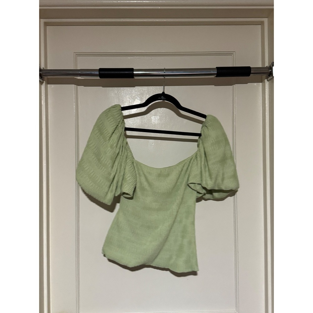 Jonathan Simkhai Sage Green Ruched Blouse Top Puff Sleeve Sweetheart Neck Size 8 - Picture 2 of 5